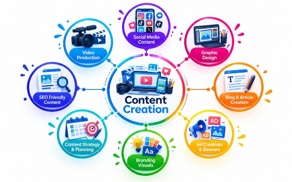 Content Creation services: social content, blogs, ad creatives, branding, strategy, SEO content, and video