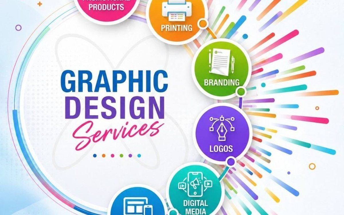 Colorful graphic design services wheel with branding, logos, and digital media