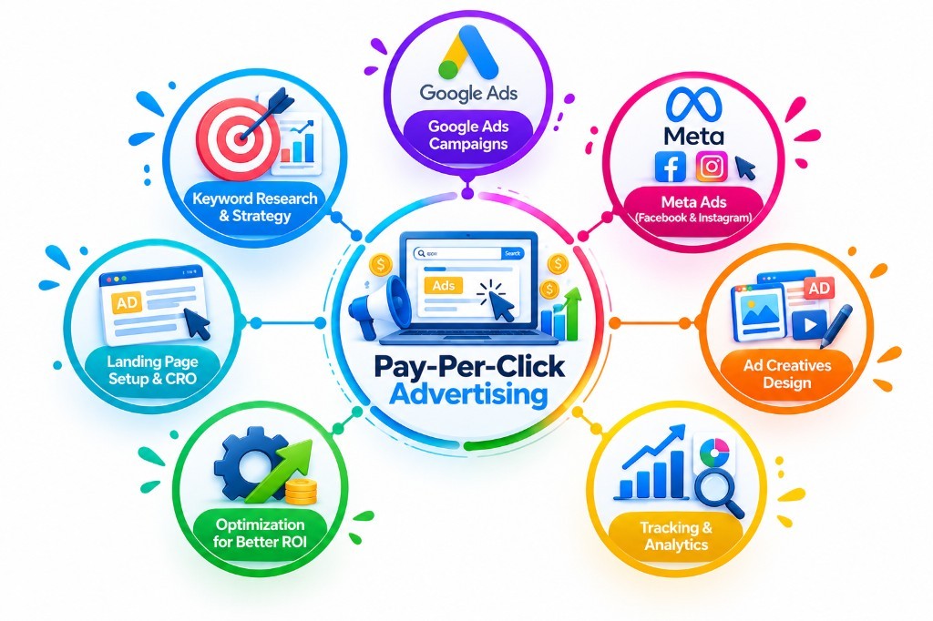 Pay-Per-Click Advertising: Google Ads, Meta Ads, creatives, tracking, ROI, landing pages, and keyword strategy