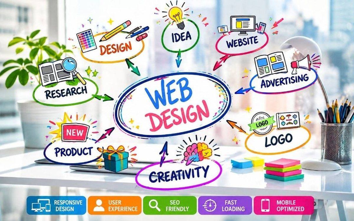 Colorful web design mind map with design, idea, website, and creativity concepts