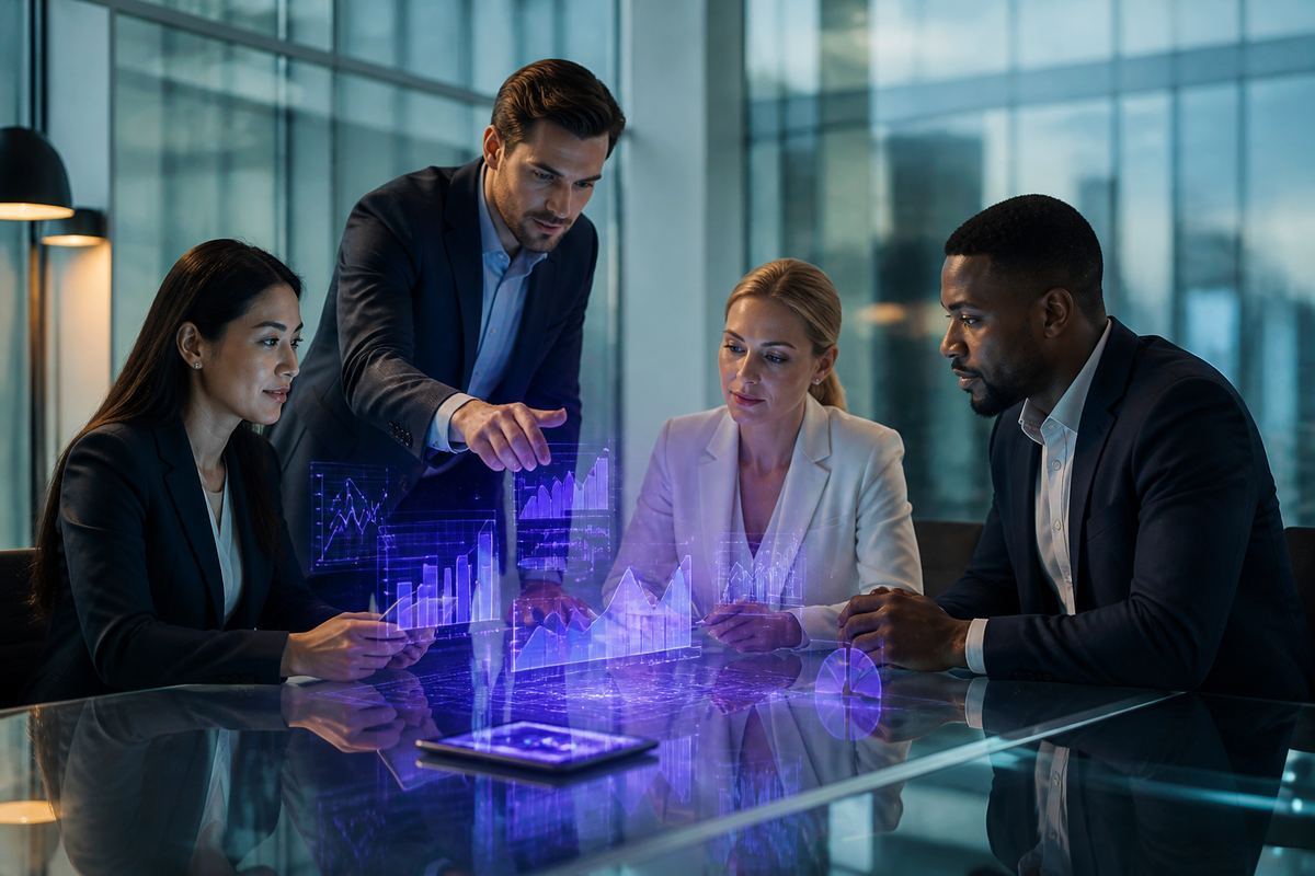 Professional team collaborating around a glass conference table with holographic charts