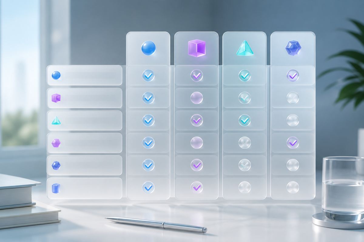 3D glass cards representing an agency evaluation framework with checkmarks and comparison columns