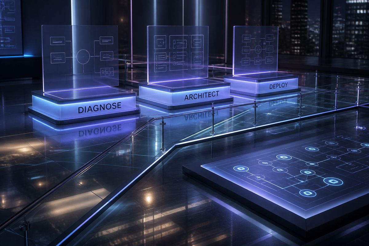 3D roadmap with three glass phases representing diagnose, architect, and deploy