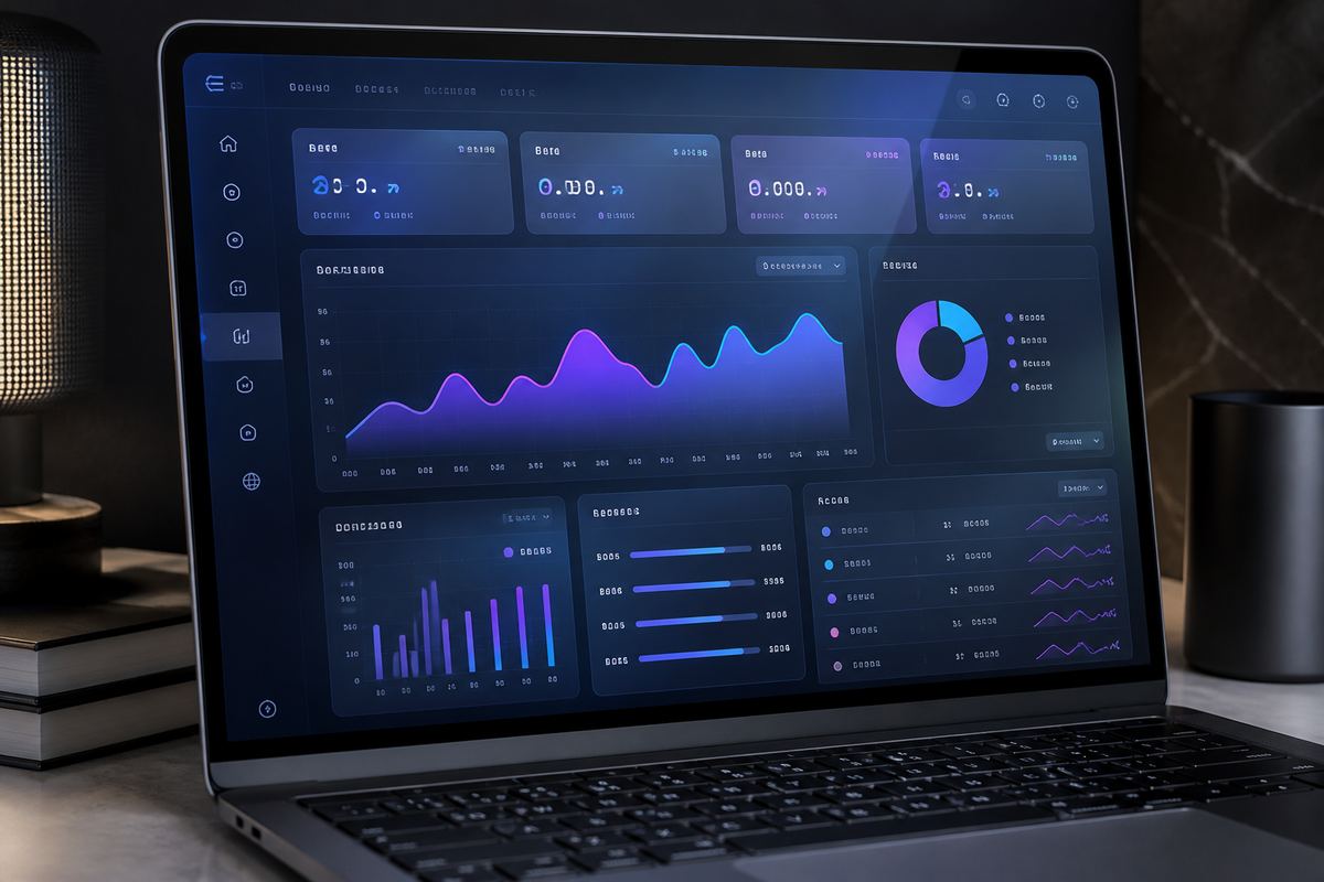 Futuristic glassmorphism marketing analytics dashboard on a sleek laptop