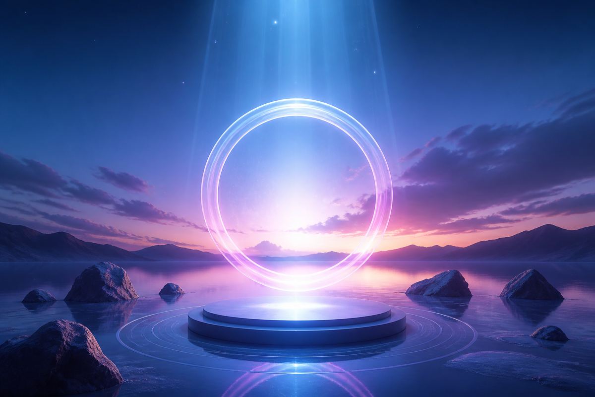 Wide cinematic blue-purple gradient banner with glass portal inviting a strategy conversation