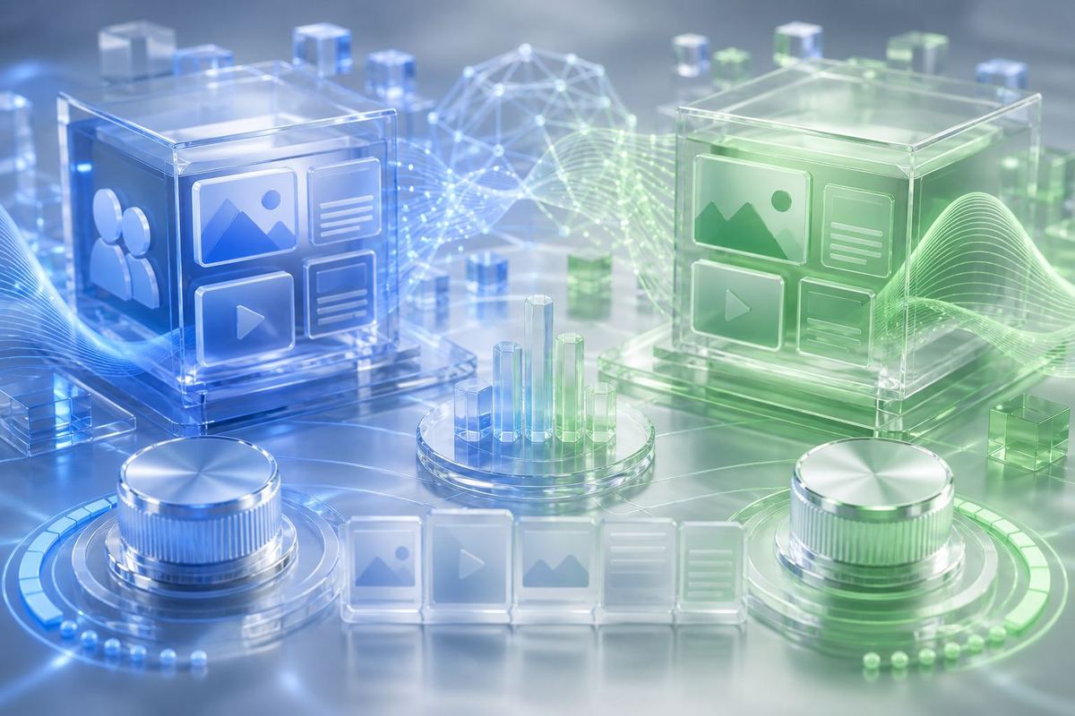 Abstract glass campaign cubes and automation arcs for Meta Ads and Google Ads