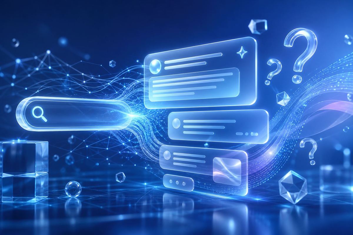 AI-powered search visualized as a glass search bar transforming into conversational answer cards