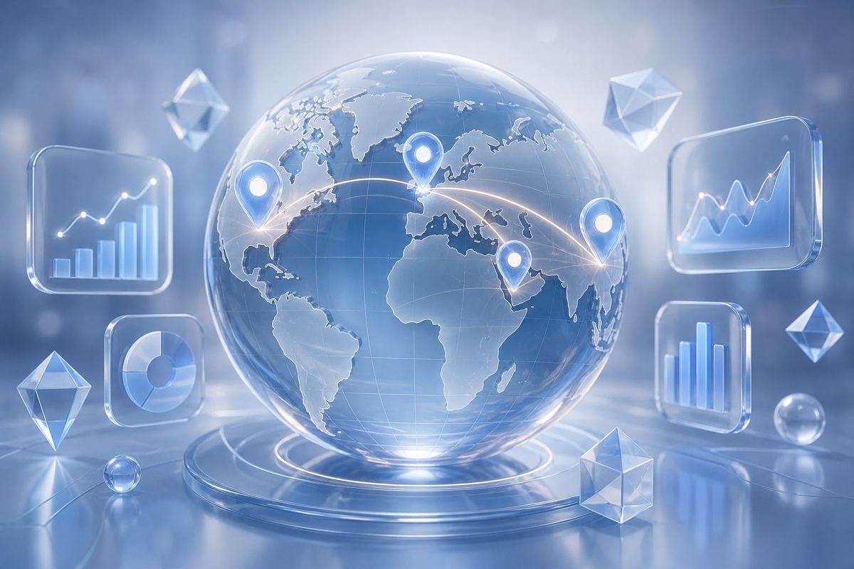Glass globe with connected market markers for USA, Europe, UAE, and Asia